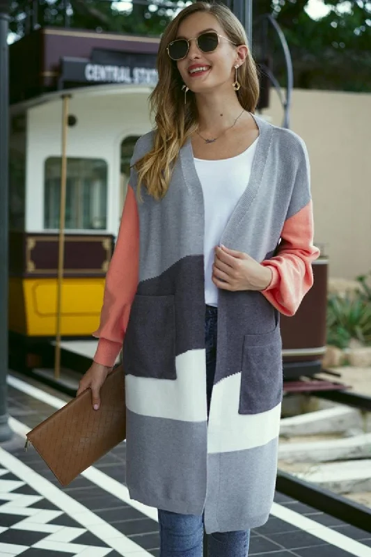 OPEN FRONT COLOR BLOCK LONG CARDIGAN COAT