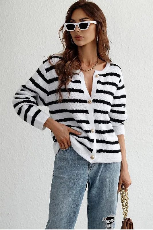 BUTTON DOWN COLOR STRIPE SHORT CARDIGAN