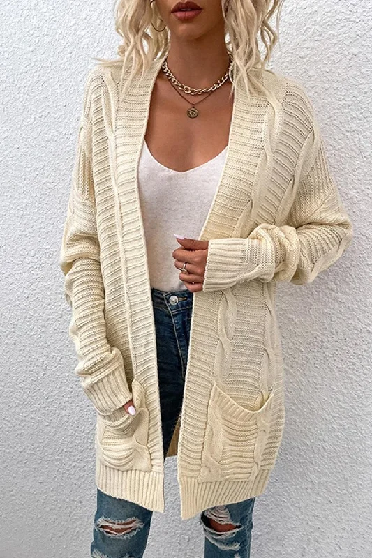 OPEN FRONT CABLE KNIT CARDIGAN WITH SIDE POCKETS