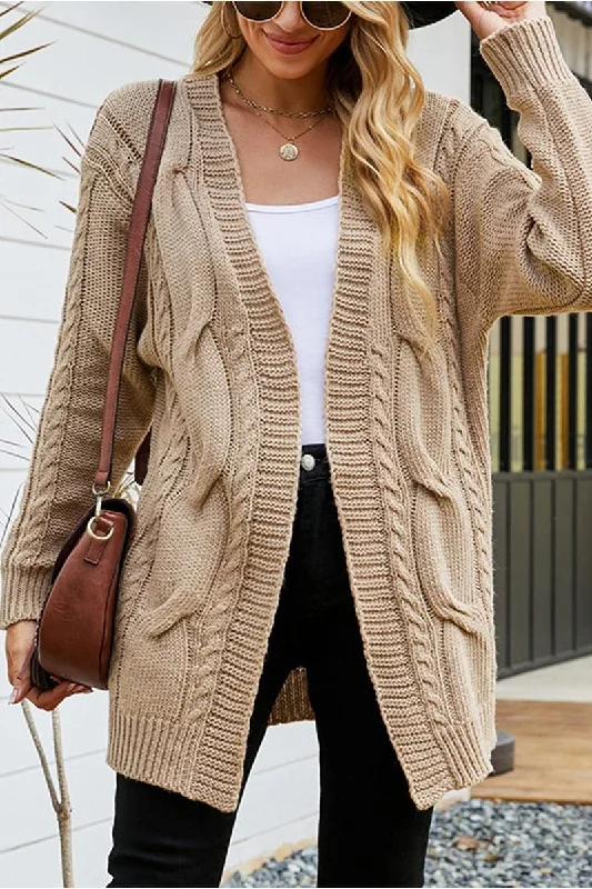 OPEN FRONT CABLE KNITTED CASUAL CARDIGAN