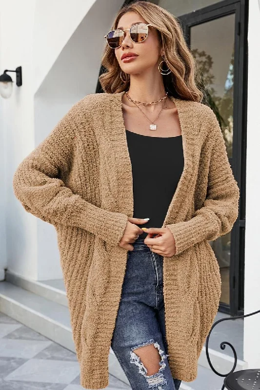 WOMEN FURRY CABLE KNITTED OPEN FORNT CARDIGAN