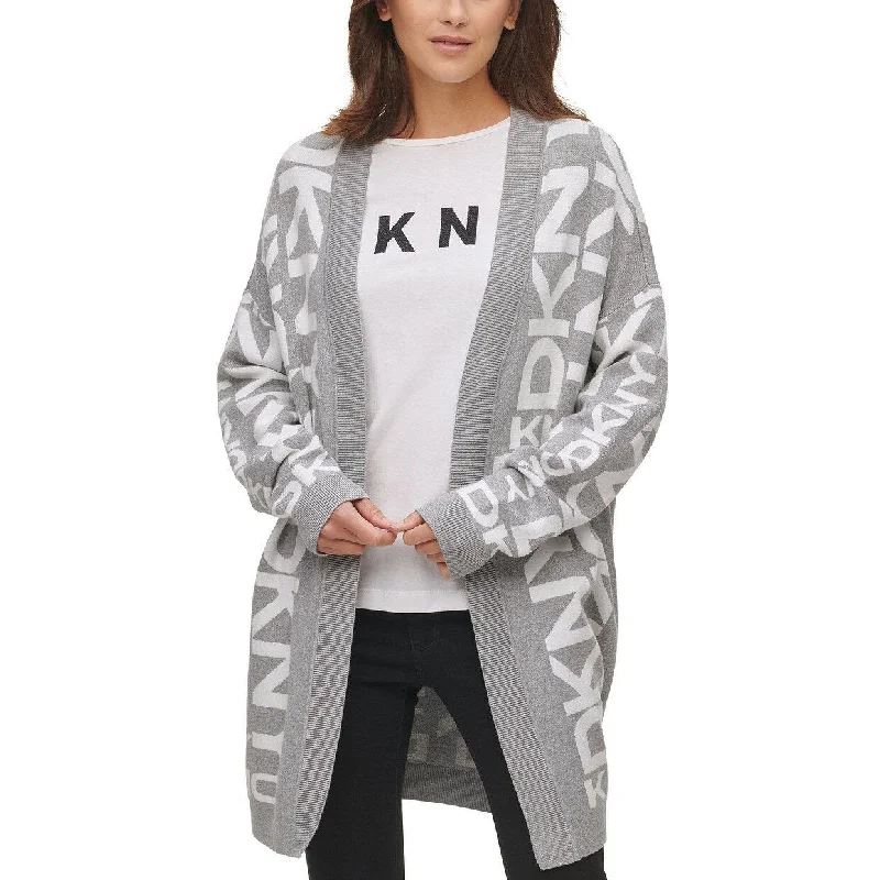 DKNY Women's Exploded Logo Open-Front Cardigan Gray Size Large