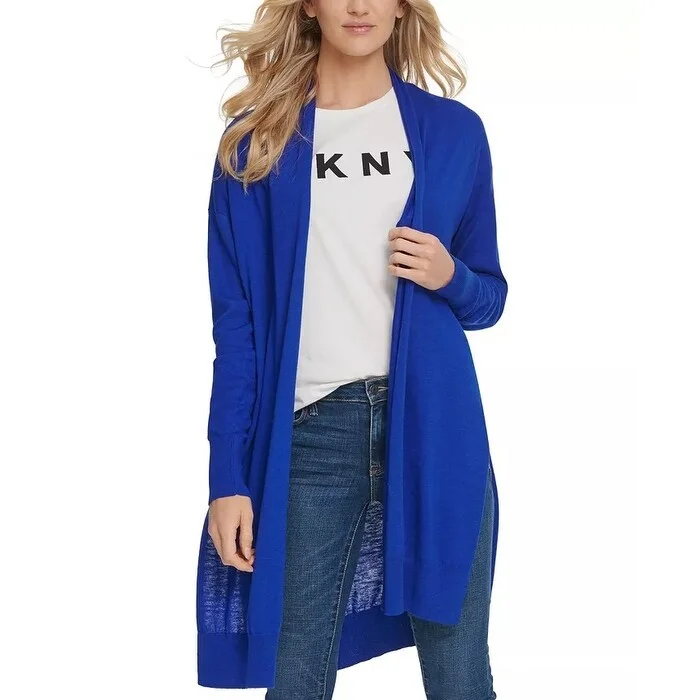 DKNY Women's Longline Open Front Cardigan Blue Size Large