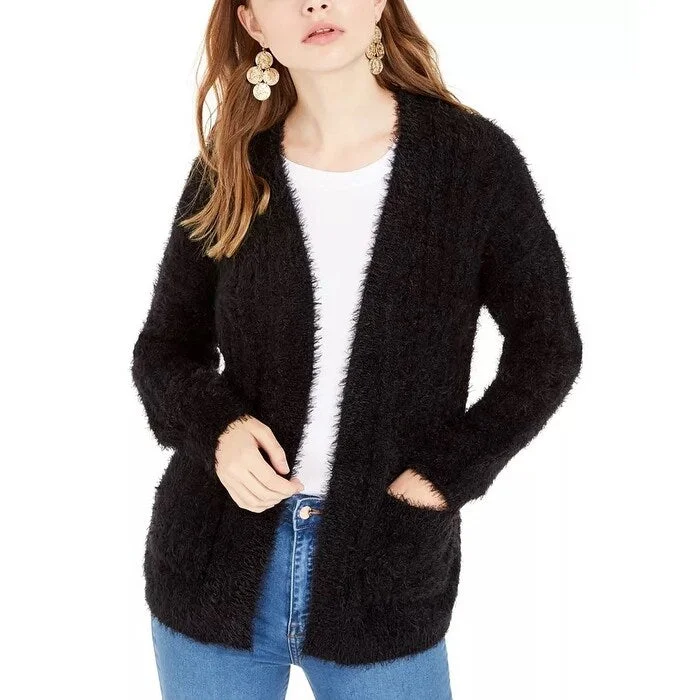 Hippie Rose Juniors' Fuzzy Rib-Knit Cardigan Black Size Small