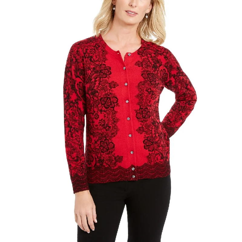 Karen Scott Women's Lace-Print Cardigan Red Size Extra Large