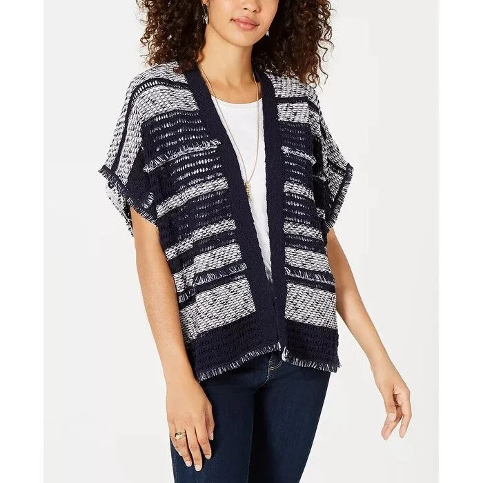 Style & Co Women's Mixed Knit Fringe Trim Cardigan Sweater Navy Size X-Large